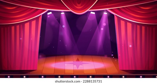 Theater concert stage with curtain cartoon scene background. Opera show spotlight in empty school hall for comedy performance. Open platform for opera play with magic bokeh sparkles light in center