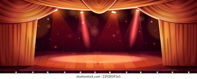 Theater concert stage with curtain cartoon scene background. Opera show spotlight in empty school hall for comedy performance. Open platform for opera play with magic bokeh sparkles light in center