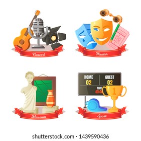 Theater and concert vector, tickets and masks drama and comedy, sport with table and scores, museum, with sculpture and painting vase, music guitar