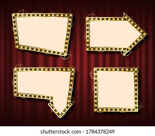 Theater curtain backdrop and blank frame with lamps. Round framework, concert or show banner template, evening event, light framing and textile. Geometrical glowing frame set on red curtain background