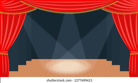Theater curtain Classic view of theatrical backstage and curtain from  auditorium Red fabric with golden fringe Vector illustration of a modern theater with  floor, black wings and searchlight beams.