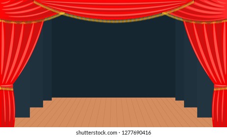 Theater curtain Classic view of theatrical backstage and curtain from  auditorium Red fabric with golden fringe Vector illustration of a modern theater with  floor, black wings 