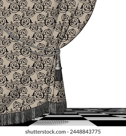 Cortina de teatro con motivos decorativos y suelo de tablero de ajedrez. Antiguas color grabado dibujo estilizado. Ilustración vectorial