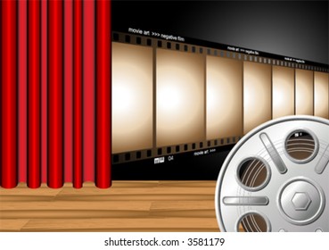 Theater curtain with film strip on stage and film reel at the foreground