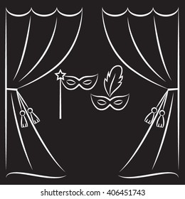 Theater curtain and masks vector line illustration.
