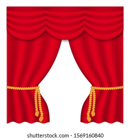 Theater curtain on white background. Theater stage. Decoration element. Classic cover design for decorative design. Red curtain. Isolated vector. Cinema premiere