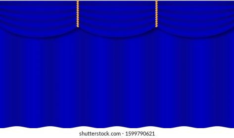 Theater curtain on white background. Theater stage. Decoration element. Classic cover design for decorative design. Blue curtain. Isolated vector. Cinema premiere.