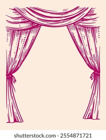 Theater curtain, sketch style, hand drawn vector illustration, monochrome