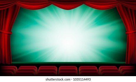 Theater Curtain Vector. Theater, Opera Or Cinema Scene. Green Background. Banner, Placard, Poster Design Template. Realistic Illustration
