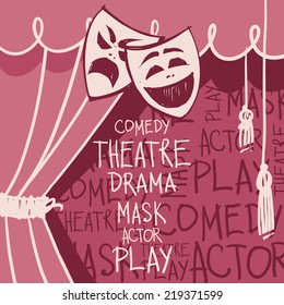 Theater curtains with masks in sketch style