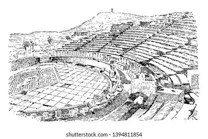 Theater of Dionysus One of the earliest open to air theaters Eleuthereus is a major theatre the foot of the Athenian Acropolis vintage line drawing or engraving illustration.