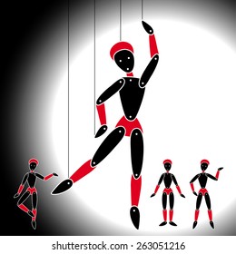 Theater dolls on threads. Four dolls are in different dancing positions.