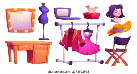 Theater dressing room design elements isolated on white background. Vector cartoon illustration of show backstage details, makeup mirror with light bulbs, costumes on rack, wig on mannequin, cosmetics