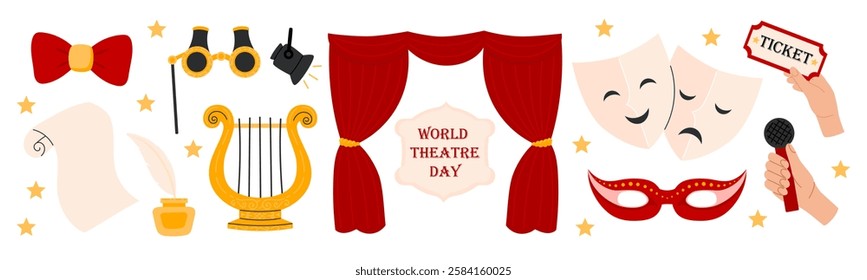 Theater elements set. Theatre red curtain, theatrical comedy and drama mask, ticket, lyra. Theatre Day stickers. Flat Vector illustration isolated on white background