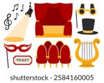 Theater elements set. Theatre stage with red curtain, theatrical, mask, ticket, lyra, musical notes, hood and binoculars. Theatre Day stickers. Flat Vector illustration