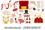 Theater elements set. Theatre stage with red curtain, theatrical comedy and drama mask, ticket, lyra, flowers, musical notes, pointe shoes. Theatre Day stickers. Flat Vector illustration