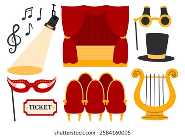 Theater elements set. Theatre stage with red curtain, theatrical, mask, ticket, lyra, musical notes, hood and binoculars. Theatre Day stickers. Flat Vector illustration