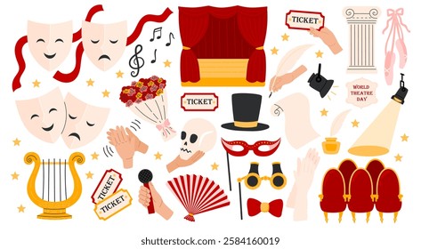 Theater elements set. Theatre stage with red curtain, theatrical comedy and drama mask, ticket, lyra, flowers, musical notes, pointe shoes. Theatre Day stickers. Flat Vector illustration