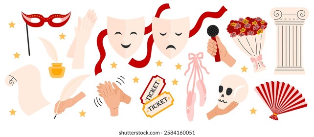 Theater elements set. Theatrical comedy and drama mask, ticket, flowers, pointe shoes, ladis fan. Theatre Day stickers. Flat Vector illustration isolated on white background