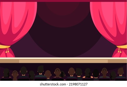 Theater Empty Stage With Open Red Curtains And Chairs For Audience Vector Illustration. Cartoon Auditorium For Cinema Movie, Opera And Theatre Drama Presentation, Art Performance Show Background