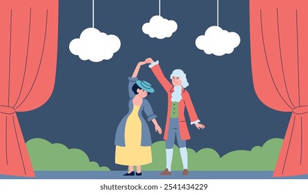Theater entertainment. Couple in medieval costumes dancing on stage. Performance actors, actress in dress. Dancers characters, vector play scene