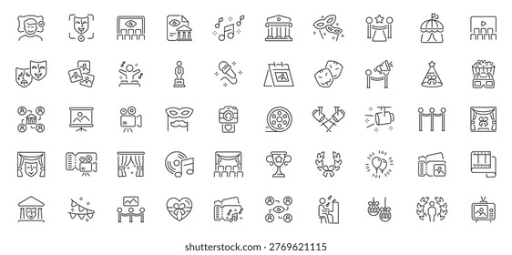 Theater and entertainment icon set: editable linear icons in thin outline style