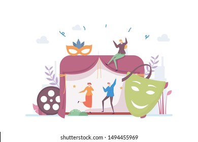 
Concepto de Ilustración del Vector de Entretenimiento de Teatro Mostrando a un grupo de personas actuando en teatro, Apto para la página de inicio, ui, web, tarjeta de introducción de la aplicación, editorial, volante y banner.
