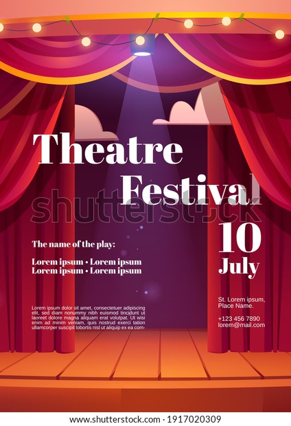 Theater festival cartoon poster with\
backstage red curtains and wooden scene with glowing spotlights and\
garland. Invitation flyer for theater or cinema show, entertainment\
concert Vector\
illustration