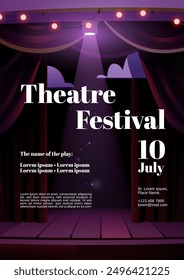 Theater festival poster with stage, curtain and spotlight. Vertical flyer template for performance invitation with text. Entertainment or presentation banner layout. Opera and drama premiere invite.