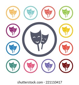 theater flat icons set. Open round colorful buttons. Vector 