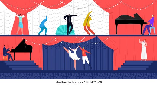 Theater flat performance at show, vector illustration. People artist character in front audience design, music drama scene at opera theater stage. Actor play premier near huge certain background.