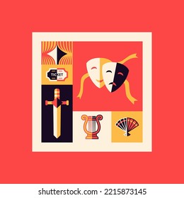 Theater Flat Symbols. Vector Illustration of Entertainment Objects.