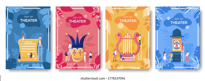 Theater Flyer, Magazines, Poster, Book Cover, Banners. People Character With Items Around Theater Equipment Concept Background. Grain Texture And Noise Effect.