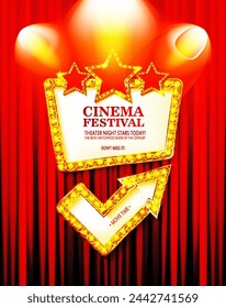 Theater frame illuminated by spotlight. Retro cinema sign with border decorated with lamps on red curtains background. Vintage movie or play premiere, seats for audience illustration. Vector 