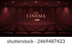 Theater hall with empty scene. Curtains. Rows of seats, red cinema chairs. Movie theatre. Realistic render. Flat style cartoon design. Minimalism. Vector eps10 illustration.