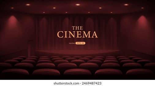 Theater hall with empty scene. Curtains. Rows of seats, red cinema chairs. Movie theatre. Realistic render. Flat style cartoon design. Minimalism. Vector eps10 illustration.