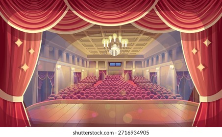 Sala de teatro. Vista de una sala de teatro vacía con Vacantes. Una antigua sala de teatro vintage. Una actuación en el escenario. Entre bastidores.