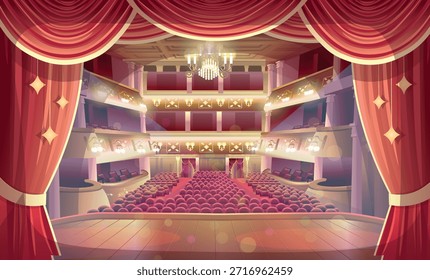 Sala de teatro. Vista de una sala de teatro vacía con Vacantes. Una antigua sala de teatro vintage. Una actuación en el escenario. Entre bastidores.