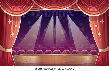 Sala de teatro. Vista de una sala de teatro vacía con Vacantes. Una antigua sala de teatro vintage. Una actuación en el escenario. Entre bastidores.
