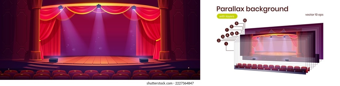 Theater hall with wooden stage, red curtains, auditorium chairs, spotlights and columns. Empty theatre scene interior, vector cartoon parallax background ready for 2d animation