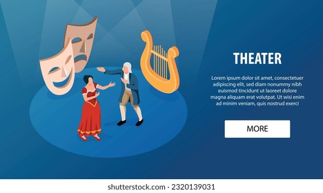 Theater horizontal banner with male and female musical actors performing opera aria isometric vector illustration