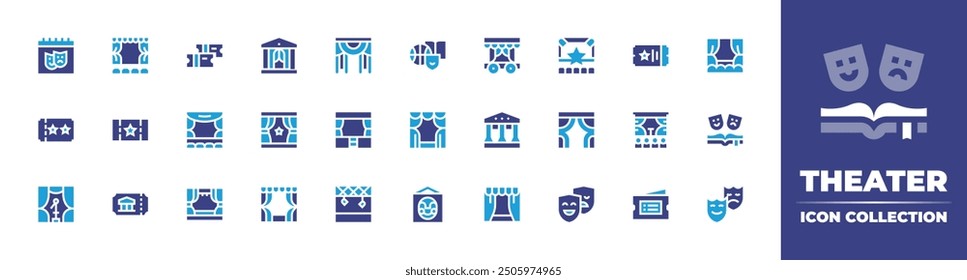 Theater icon collection. Duotone color. Vector illustration. Containing theater, ticket, stage, museum, architecture, tickets, extracurricularactivities, mask, show, curtain.