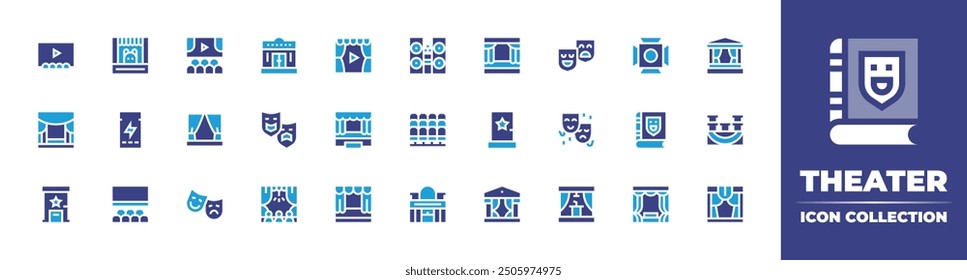 Theater icon collection. Duotone color. Vector illustration. Containing movietheater, theater, puppetshow, theatre, backstage, ticket, stage, cinema, cultures, seats, stereo, masks.