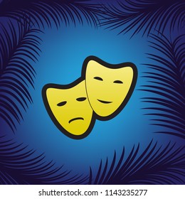 Theater icon with happy and sad masks. Vector. Golden icon with black contour at blue background with branches of palm trees.