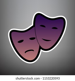 Theater icon with happy and sad masks. Vector. Violet gradient icon with black and white linear edges at gray background.
