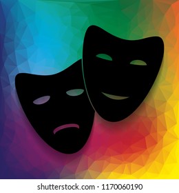 Theater icon with happy and sad masks. Vector. Flat style black icon on white.