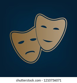 Theater icon with happy and sad masks. Vector. Golden icon and border at dark cyan background.