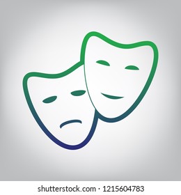 Theater icon with happy and sad masks. Vector. Green to blue gradient contour icon at grayish background with light in center.