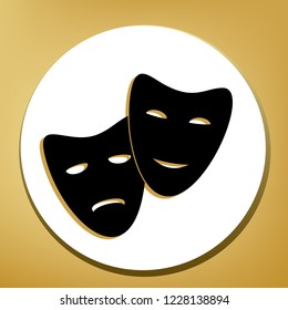 Theater icon with happy and sad masks. Vector. Black icon with light brown shadow in white circle with shaped ring at golden background.