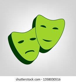 Theater icon with happy and sad masks. Vector. Yellow green solid icon with dark green external body at light colored background.